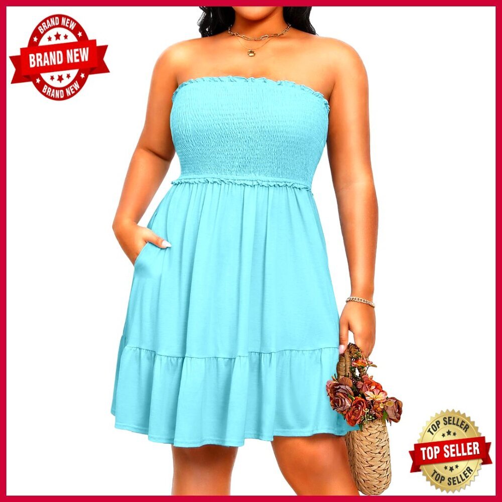 Plus Size Strapless Swimsuit Cover Up Dress with Pockets, Ruffled Hem